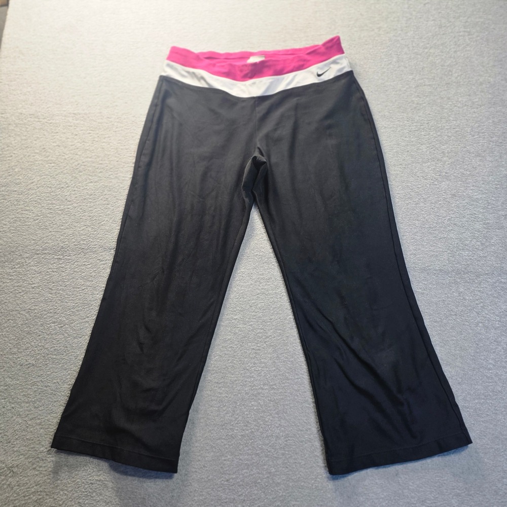 Nike Wide Leg Womens Medium Black Pink Dri-FIT Cropped Yoga Pants Foldover Waist
